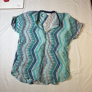 SHIRALEAH CHICAGO Womens Tunic Top XL Geometric Print Short‎ Sleeve Button Down